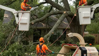 Emergency tree service crew removing storm-damaged tree in Thornton, CO