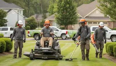 Arbor Tree Care lawn service team mowing and edging yards in Thornton, CO