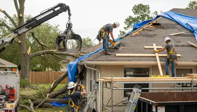 Thornton, CO tree service crew removing storm-damaged limbs and debris from a property