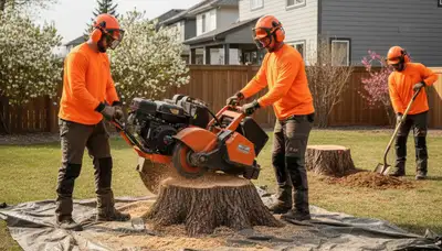 Stump removal crew clearing a yard in Thornton, CO for safe, clean space