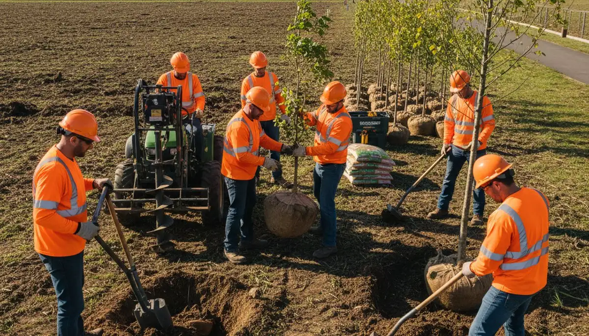 Tree planting service in Thornton, CO, installing a young tree for healthy establishment