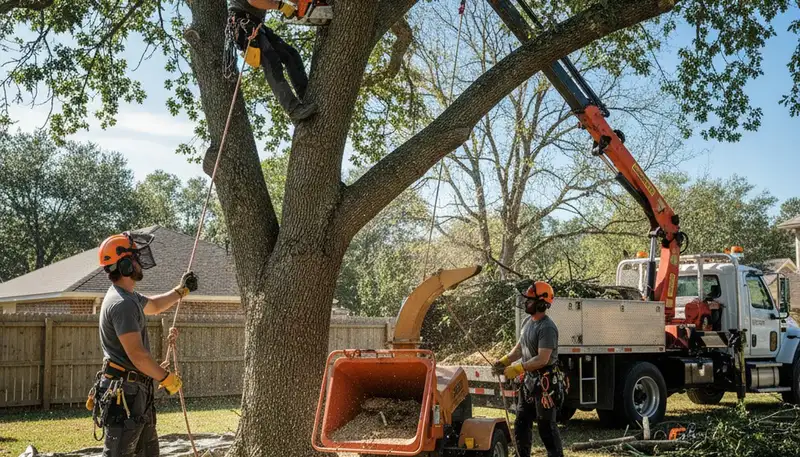 Thornton, CO tree removal crew safely removing a hazardous tree from a residential property