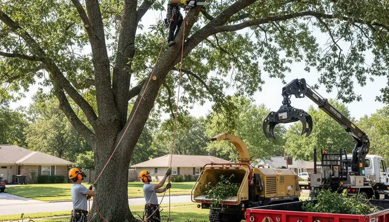 Thornton, CO tree removal crew safely removing a hazardous tree near a home
