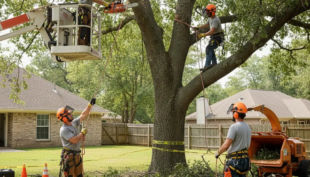 Thornton, CO tree removal crew safely removing a hazardous tree near a home