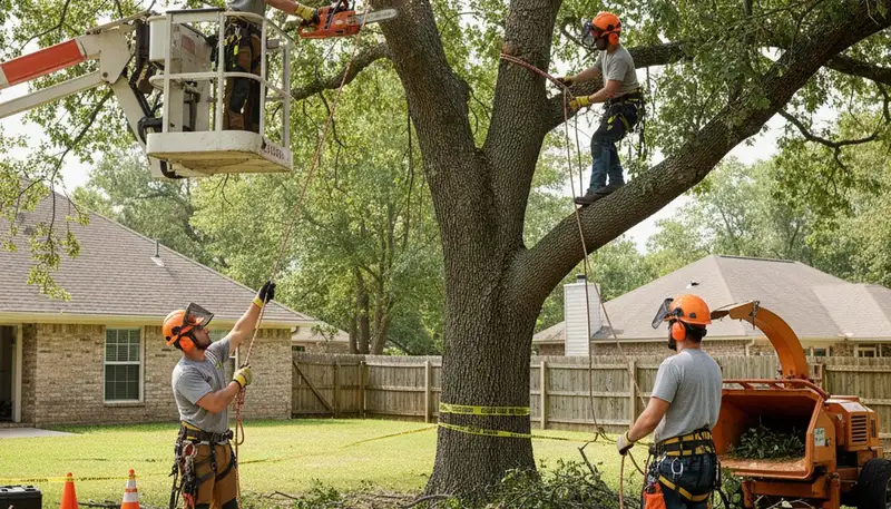 Thornton, CO tree removal crew safely removing a hazardous tree near a home