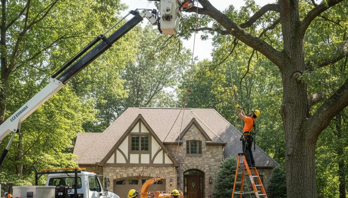 Tree service crew trimming trees in Thornton, CO for safe, professional property care