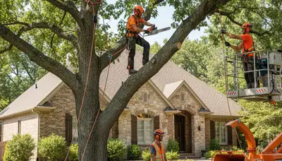 Tree service crew trimming trees in Thornton, CO for safe, professional property care