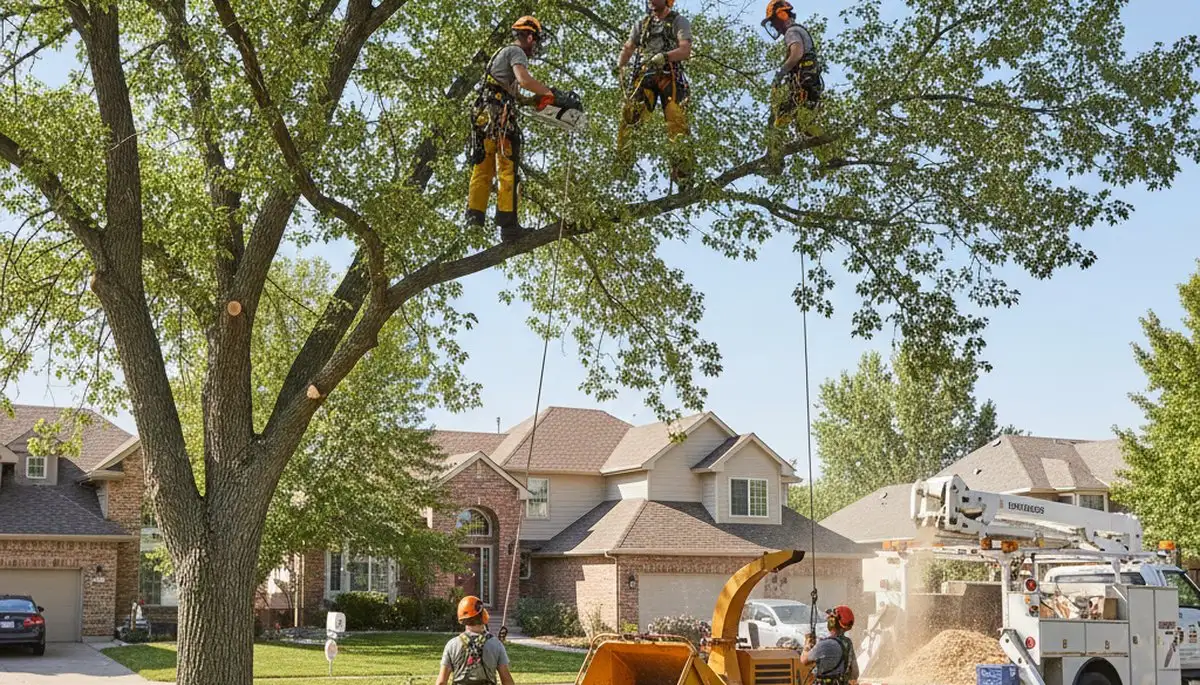 Tree service crew trimming trees in Thornton, CO for safe, professional property maintenance