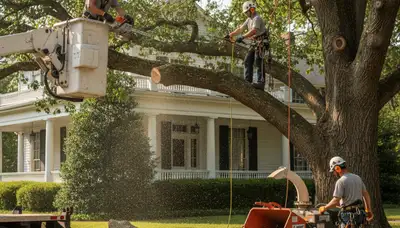 Tree service crew trimming tree branches in Thornton, CO