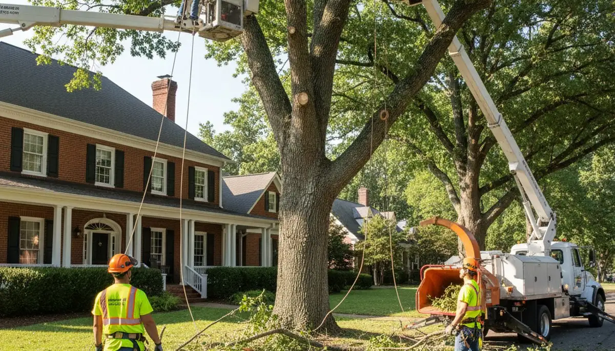 Tree service crew trimming trees in Thornton, CO for safe, professional property maintenance