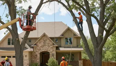 Tree service crew in Thornton, CO trimming and removing branches for a residential property