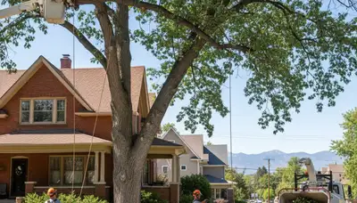 Tree service crew trimming trees in Thornton, CO for residential property maintenance