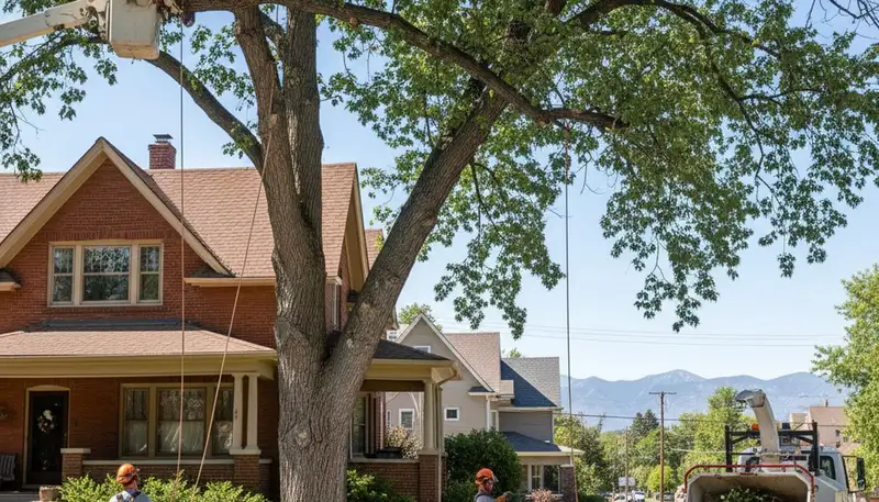 Tree service crew trimming trees in Thornton, CO for residential property maintenance