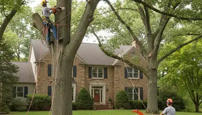 Tree service crew in Thornton, CO trimming trees for safe, professional property maintenance