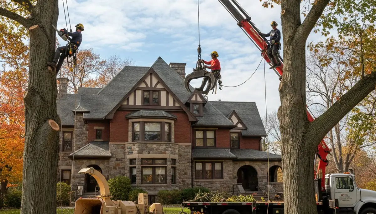 Tree service crew trimming a large tree in Thornton, CO for safe, professional residential care