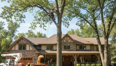 Tree service crew in Thornton, CO trimming and pruning a residential tree