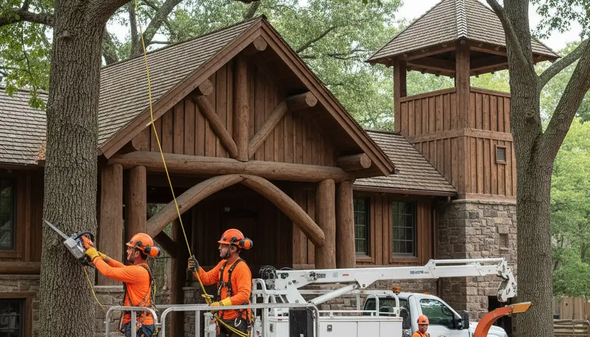 Tree service crew trimming trees in Thornton, CO for safe, healthy property maintenance
