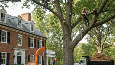 Tree service crew trimming a tree in Thornton, CO for residential property maintenance