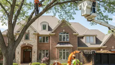 Tree service crew trimming trees in Thornton, CO for residential property care