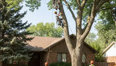 Tree service crew trimming trees in Thornton, CO for safe, professional property maintenance